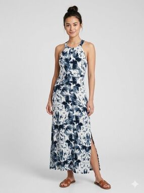 Neesha Blue White Tie Dye Halter Maxi Dress Double Slit Sun Dress Small Stretch